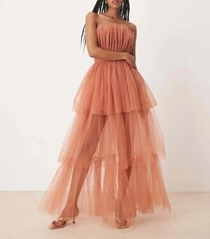 Lace & Beads Bandeau High Low Tulle Maxi Dress Terracotta Rose Womens 12 NEW